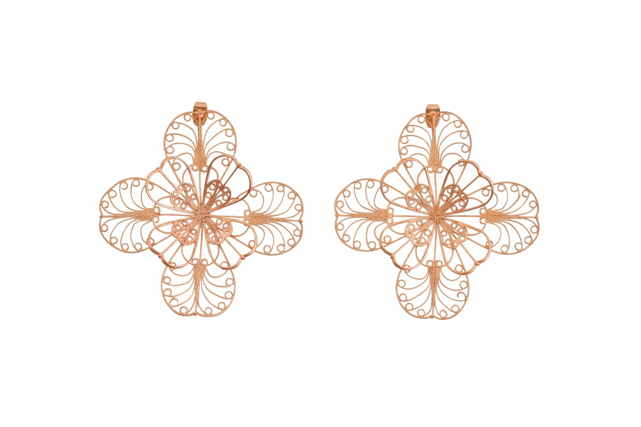 Detalle de los Pendientes Grandes Mandala, topos de gran tamaño elaborados en filigrana de plata con baño de oro 24k.