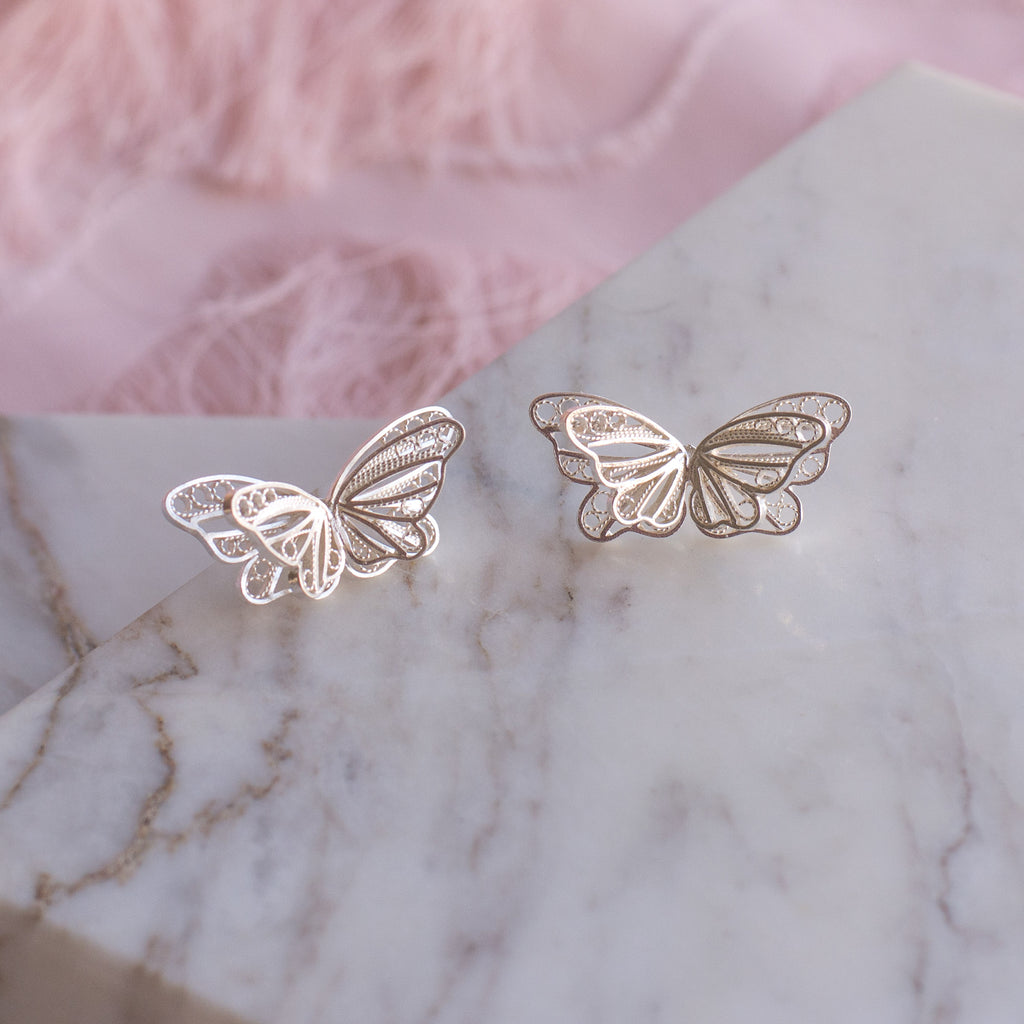 Pendientes botón Dos Mariposas en Filigrana